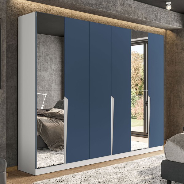 Guarda-Roupa Casal Porto 6 Portas 4 Gavetas com Espelho Branco/Azul - Politorno