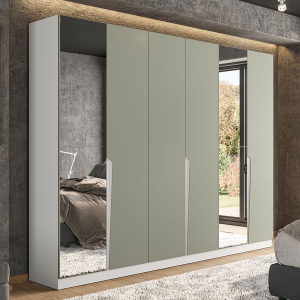 Guarda-Roupa Casal Porto 6 Portas 4 Gavetas com Espelho Branco/Verde - Politorno