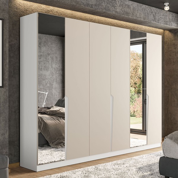 Guarda-Roupa Casal Porto 6 Portas 4 Gavetas com Espelho Branco/Creme - Politorno