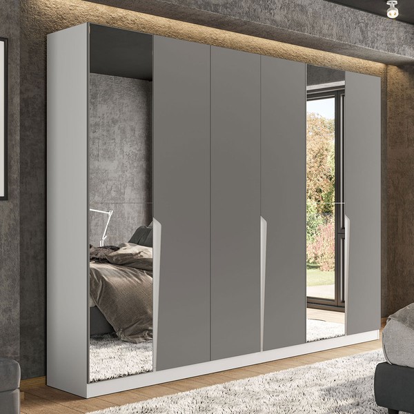 Guarda-Roupa Casal Porto 6 Portas 4 Gavetas com Espelho Branco/Cinza - Politorno