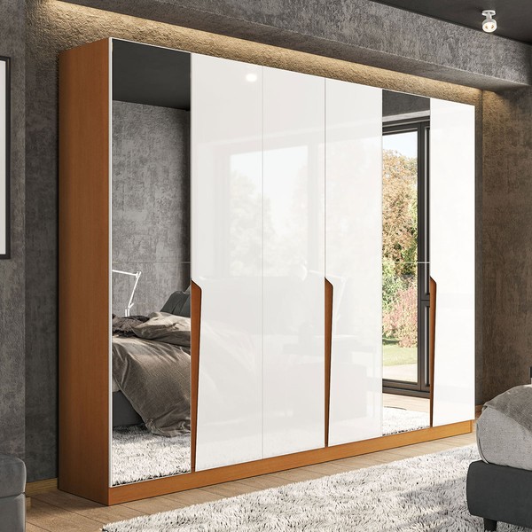 Guarda-Roupa Casal Porto 6 Portas 4 Gavetas com Espelho Freijó/Branco - Politorno