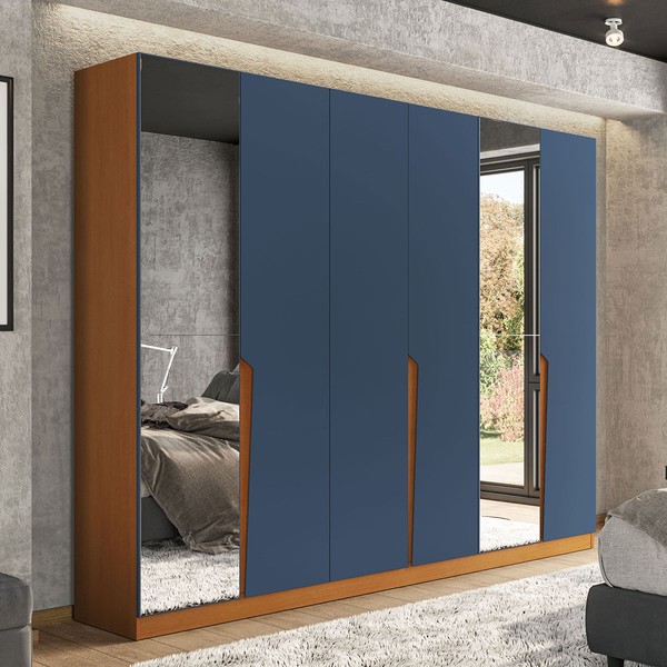 Guarda-Roupa Casal Porto 6 Portas 4 Gavetas com Espelho Freijó/Azul - Politorno