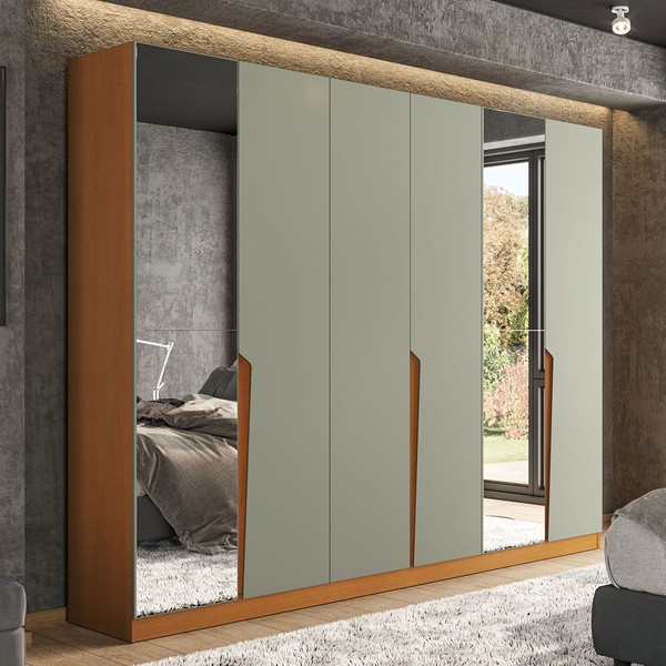 Guarda-Roupa Casal Porto 6 Portas 4 Gavetas com Espelho Freijó/Verde - Politorno