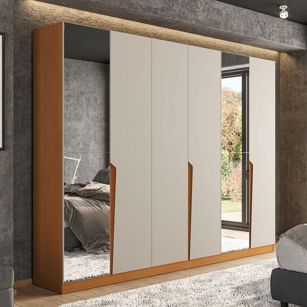 Guarda-Roupa Casal Porto 6 Portas 4 Gavetas com Espelho Freijó/Creme - Politorno