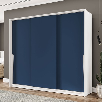Guarda-Roupa Casal Porto 3 Portas 4 Gavetas Branco/Azul - Politorno