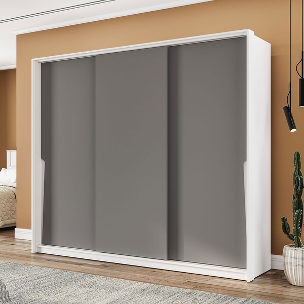 Guarda-Roupa Casal Porto 3 Portas 4 Gavetas Branco/Cinza - Politorno