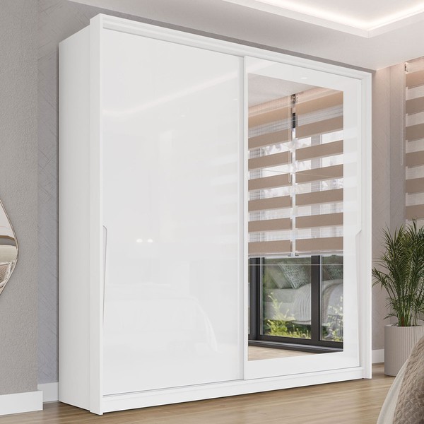 Guarda-Roupa Casal Porto 2 Portas 2 Gavetas com Espelho Branco - Politorno