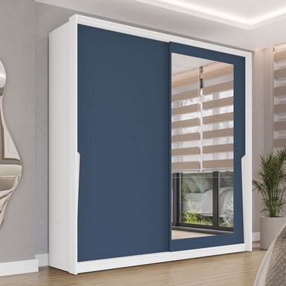 Guarda-Roupa Casal Porto 2 Portas 2 Gavetas com Espelho Branco/Azul - Politorno