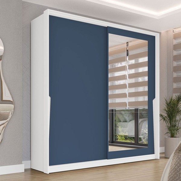 Guarda-Roupa Casal Porto 2 Portas 2 Gavetas com Espelho Branco/Azul - Politorno