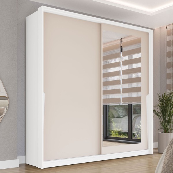 Guarda-Roupa Casal Porto 2 Portas 2 Gavetas com Espelho Branco/Creme - Politorno