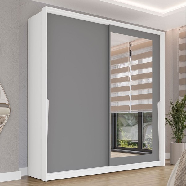 Guarda-Roupa Casal Porto 2 Portas 2 Gavetas com Espelho Branco/Cinza - Politorno