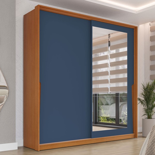 Guarda-Roupa Casal Porto 2 Portas 2 Gavetas com Espelho Freijó/Azul - Politorno