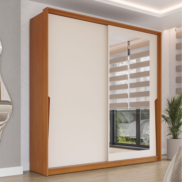Guarda-Roupa Casal Porto 2 Portas 2 Gavetas com Espelho Freijó/Creme - Politorno