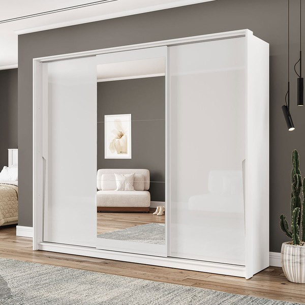 Guarda-Roupa Casal Porto 3 Portas 4 Gavetas com Espelho Branco - Politorno