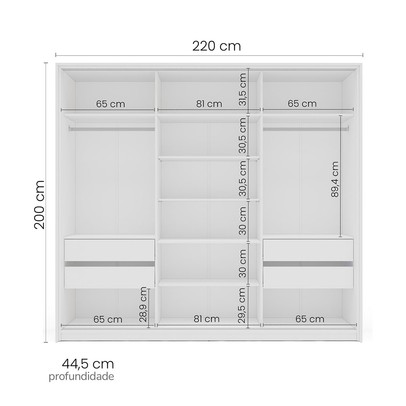 Guarda-Roupa Casal Porto 3 Portas 4 Gavetas com Espelho Branco/Azul - Politorno