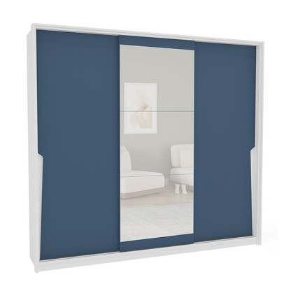 Guarda-Roupa Casal Porto 3 Portas 4 Gavetas com Espelho Branco/Azul - Politorno