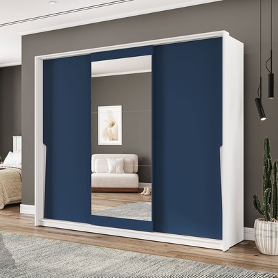 Guarda-Roupa Casal Porto 3 Portas 4 Gavetas com Espelho Branco/Azul - Politorno