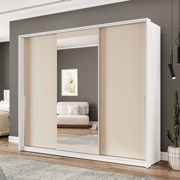 Guarda-Roupa Casal Porto 3 Portas 4 Gavetas com Espelho Branco/Creme - Politorno