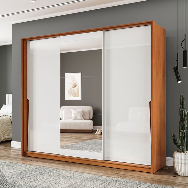 Guarda-Roupa Casal Porto 3 Portas 4 Gavetas com Espelho Freijó/Branco - Politorno