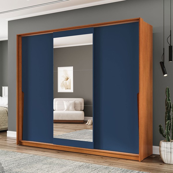 Guarda-Roupa Casal Porto 3 Portas 4 Gavetas com Espelho Freijó/Azul - Politorno