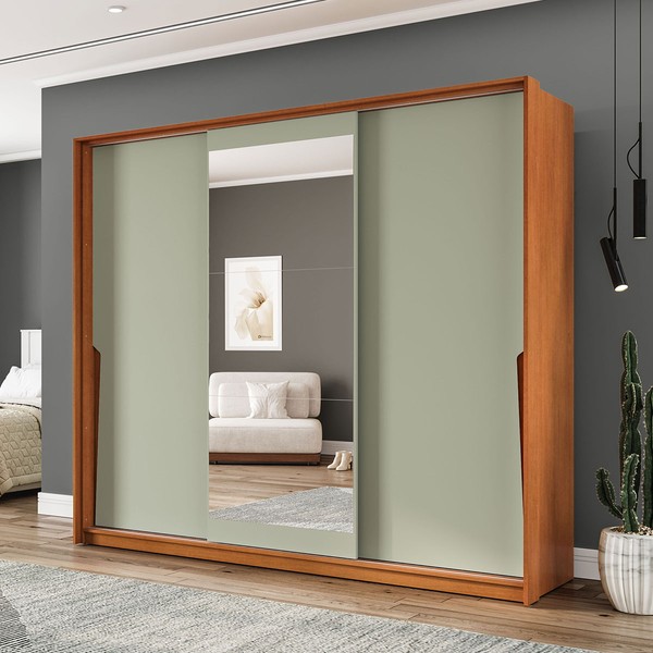 Guarda-Roupa Casal Porto 3 Portas 4 Gavetas com Espelho Freijó/Verde - Politorno