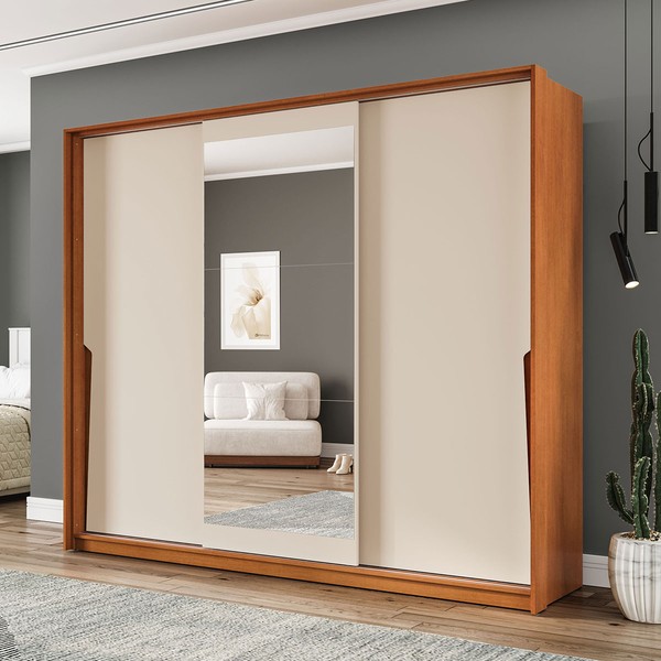 Guarda-Roupa Casal Porto 3 Portas 4 Gavetas com Espelho Freijó/Creme - Politorno