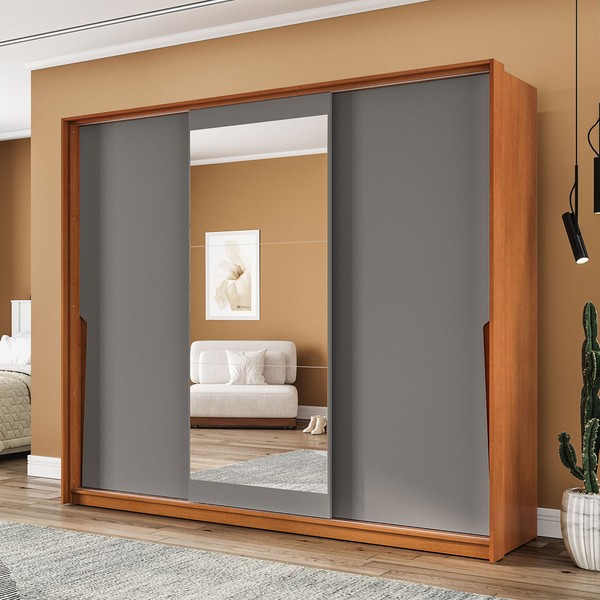 Guarda-Roupa Casal Porto 3 Portas 4 Gavetas com Espelho Freijó/Cinza - Politorno