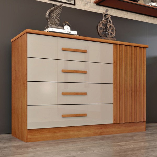 Cômoda Aris 1 Porta 4 Gavetas Cinamomo/Off White - Pnr Móveis