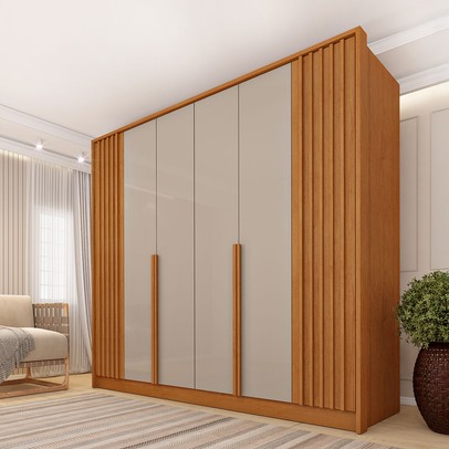 Guarda-Roupa Casal Taiwan 6 Portas 4 Gavetas Ripado Cinamomo/Off White - Pnr Móveis