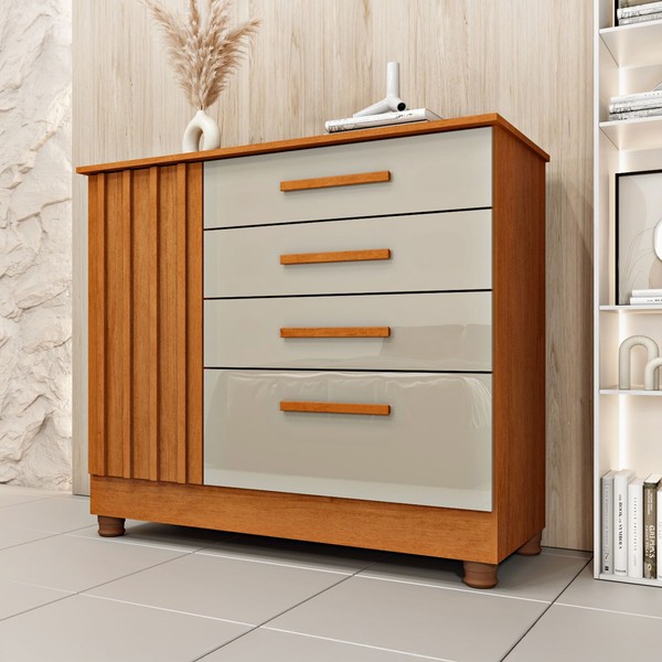 Cômoda Sobral 1 Porta 4 Gavetas Ripado Cinamomo/Off White - Pnr Móveis