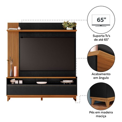 Estante para TV Até 65 Polegadas 2 Portas Ripado Hill Preto Tx/Freijó Trend - Pnr Móveis