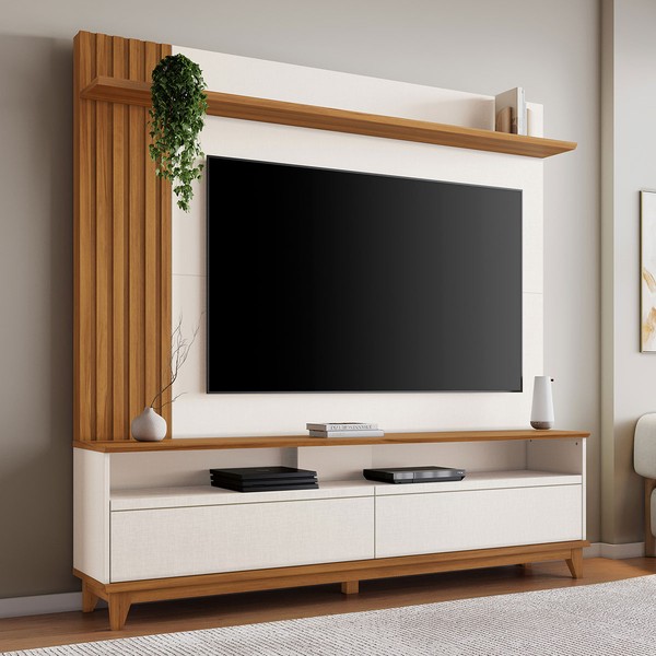 Estante para TV Até 65 Polegadas 2 Portas Ripado Hill Off White Tx/Freijó Trend - Pnr Móveis