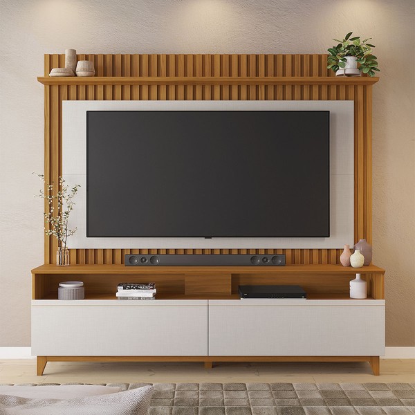 Estante para TV Até 65 Polegadas 2 Portas Ripado Havana Freijó Trend/Off White Tx - Pnr Móveis