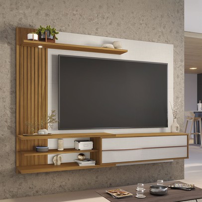 Painel para TV para TV de 65 Polegadas 1 Porta Ripado com Led Gibraltar Off White Tx/Freijó Trend - Pnr Móveis