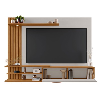 Painel para TV para TV de 65 Polegadas 1 Porta Ripado com Led Gibraltar Off White Tx/Freijó Trend - Pnr Móveis