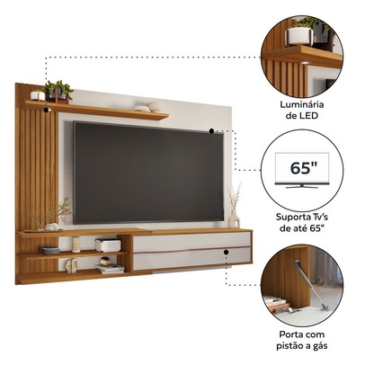 Painel para TV para TV de 65 Polegadas 1 Porta Ripado com Led Gibraltar Off White Tx/Freijó Trend - Pnr Móveis