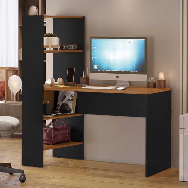 Mesa Escrivaninha Office 3 Prateleiras Dublin Freijó Trend/Preto Tx - Pnr Móveis