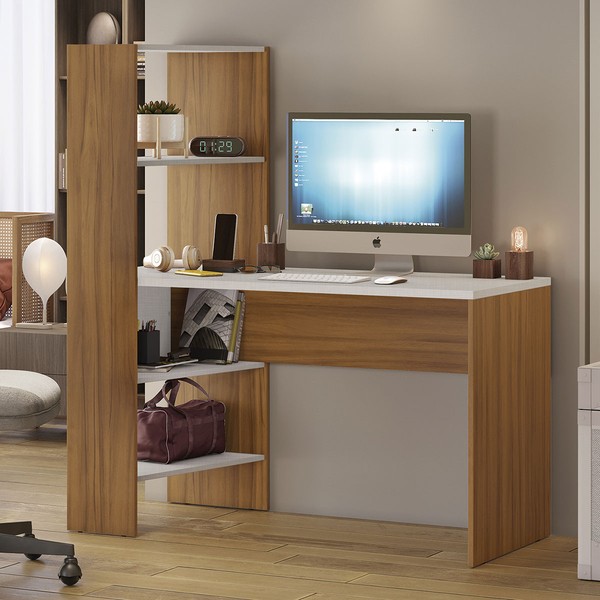 Mesa Escrivaninha Office 3 Prateleiras Dublin Off White/Freijó Trend - Pnr Móveis