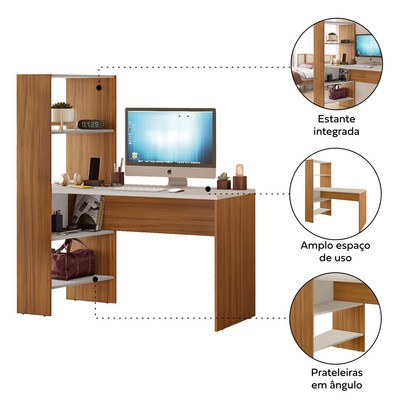 Mesa Escrivaninha Office 3 Prateleiras Dublin Off White/Freijó Trend - Pnr Móveis