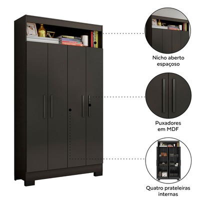 Armário Multiuso Charge 4 Portas Preto Tx - Pnr Móveis
