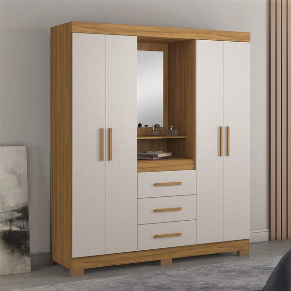 Guarda-Roupa Casal 4 Portas 3 Gavetas com Espelho Essen Freijó Trend/Off White Tx - Pnr Móveis