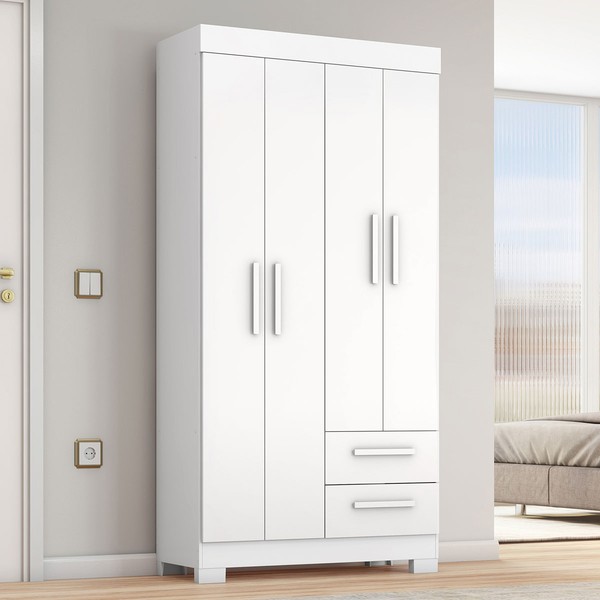 Guarda-Roupa Solteiro Dortmund 4 Portas 2 Gavetas Flex Branco New/Rosa - Pnr Móveis