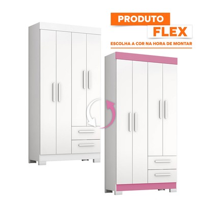 Guarda-Roupa Solteiro Dortmund 4 Portas 2 Gavetas Flex Branco New/Rosa - Pnr Móveis