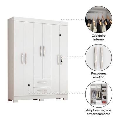 Guarda-Roupa Casal Cruz 6 Portas 2 Gavetas Flex Branco New/Rosa - Pnr Móveis