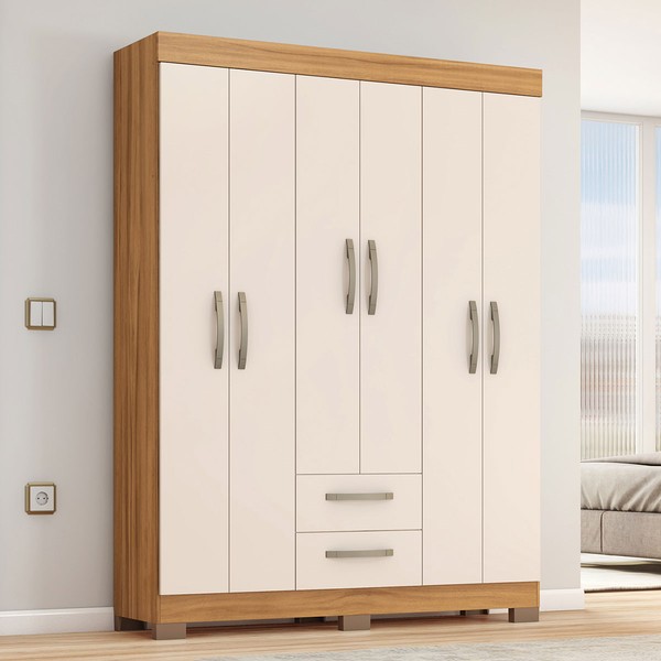 Guarda-Roupa Casal Cruz 6 Portas 2 Gavetas Freijó Trend/Off White Tx - Pnr Móveis