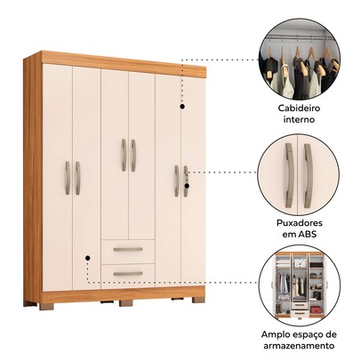 Guarda-Roupa Casal Cruz 6 Portas 2 Gavetas Freijó Trend/Off White Tx - Pnr Móveis