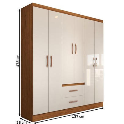 Guarda-Roupa Solteiro Belmont 6 Portas 2 Gavetas Off White/Nogueira - Panorama Móveis