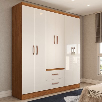 Guarda-Roupa Solteiro Belmont 6 Portas 2 Gavetas Off White/Nogueira - Panorama Móveis