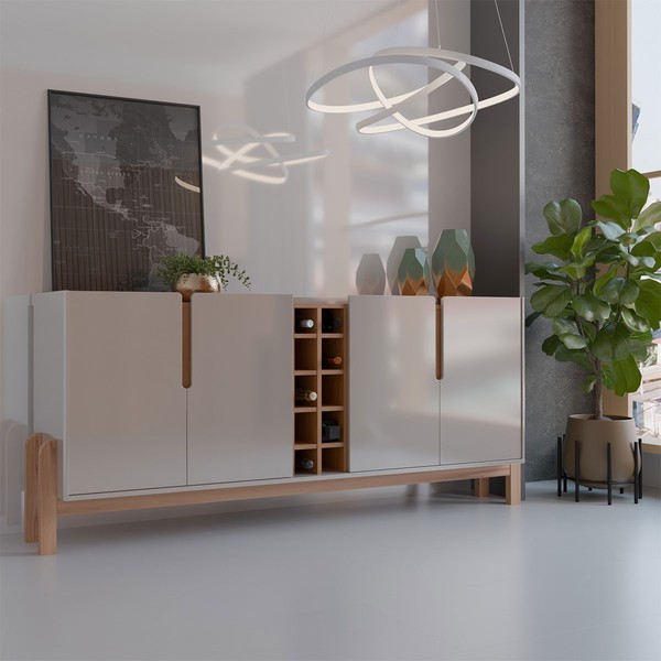 Balcão Buffet Canela 4 Portas com Adega Off White/Cedro - Panorama Móveis