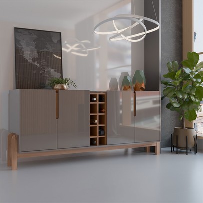 Balcão Buffet Canela 4 Portas com Adega Cinza Perola/Cedro - Panorama Móveis